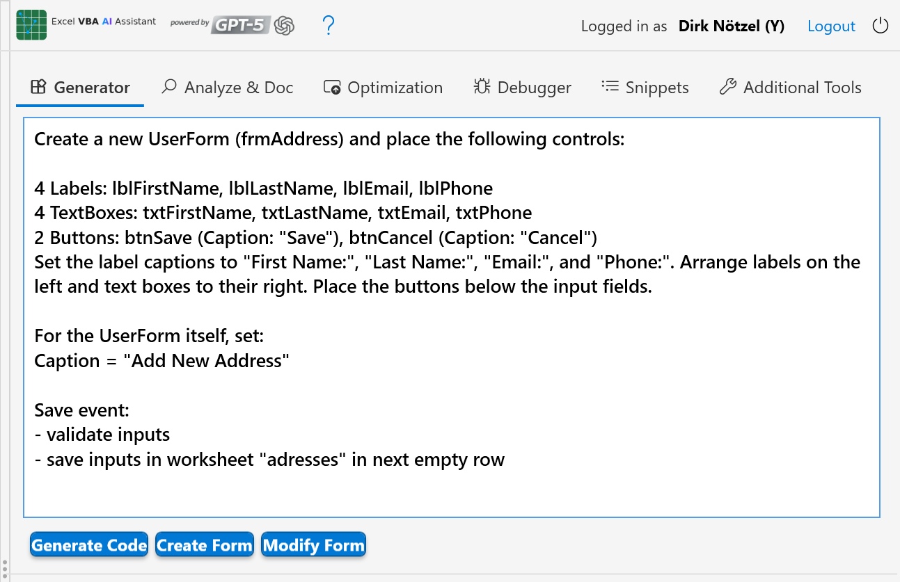 VBA Assistant – Prompt zur automatischen Erstellung einer UserForm-Eingabemaske